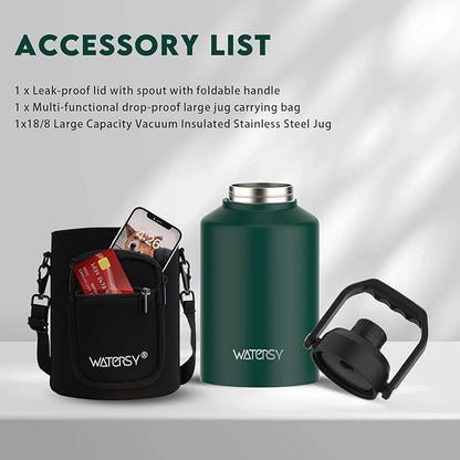 WATERSY Half Gallon Water Bottle Insulated(Cold for 48 Hrs),BPA Free&Leak Proof,64oz Stainless Steel Water Jug/Flask,Big thermo,Large Water Bottle with Handle for Gym,Hiking,Camping,Dark Green