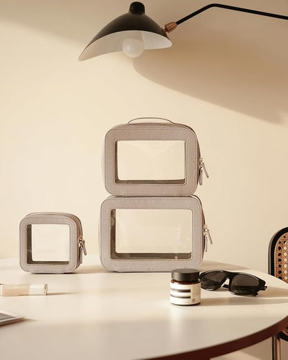 Clear Cosmetic Bag Set for Women Makeup Bag with Handle, 3 Pcs Travel Toiletry Bag Transparent Cosmetic Case Portable Make Up Organizer Bag for Essentials (Stone, Mini+S+L)