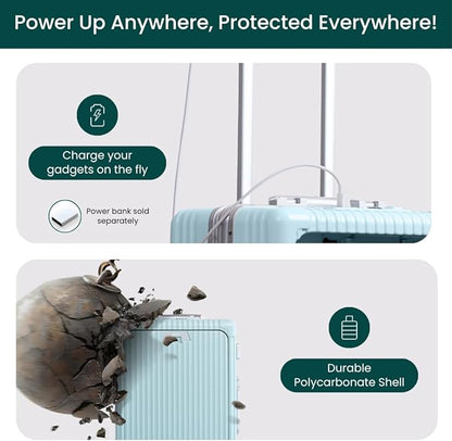 Nobl Travel Carry On Luggage, Noble Zipperless Aluminum Frame PC Hard Shell Suitcase, 22.5x15x9.5 Airline Approved, 360° Spinner Wheels, TSA Locks, USB Charging Port, Cup & Phone Holder - Powder Blue