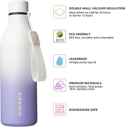 BJPKPK Insulated Water Bottles, 25 oz Stainless Steel Metal Water Bottle with Strap, BPA Free Leak Proof Jugs, Mugs, Flasks, Reusable Thermal Flasks for Sports & Travel, Lilac Elegance