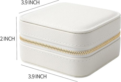 Genuine Leather Travel Jewelry Organizer Case with Mirror for Women, Small Mini Portable Jewelry Box for Earring, Ring, Necklace, Bracelet（White）