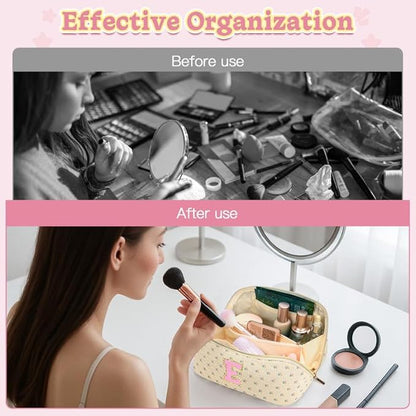 Personalized Travel Makeup Bag Set,Initial Travel Cute Floral Makeup Organizer Bag,Toiletry Skincare Cosmetic Bag,Christmas Gifts for Women/Girls,Open Flat Toiletry Pouch with Brush Pocket-K