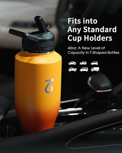 Trebo 40oz Insulated Water Bottle that Fits in Cup Holder, Stainless Steel Bottles Tumbler Double Wall Metal with Straw Spout Lids,Travel Flask with Paracord Handle, Sweat Proof Keep Cold &Hot,Orange