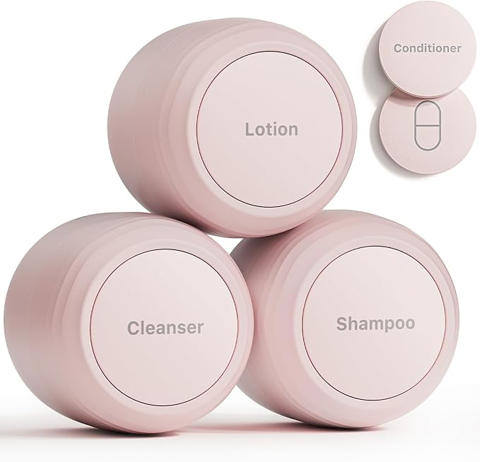 New Travel Toiletry Containers [Ultra Leakproof] TSA-Approved, PLA Hard Shell Jars with 5 Magnetic Labels, Wide Mouth Bottles for Lotion, Cleanser, Shampoo, Conditioner, Pink, 3 Pack, 1OZ