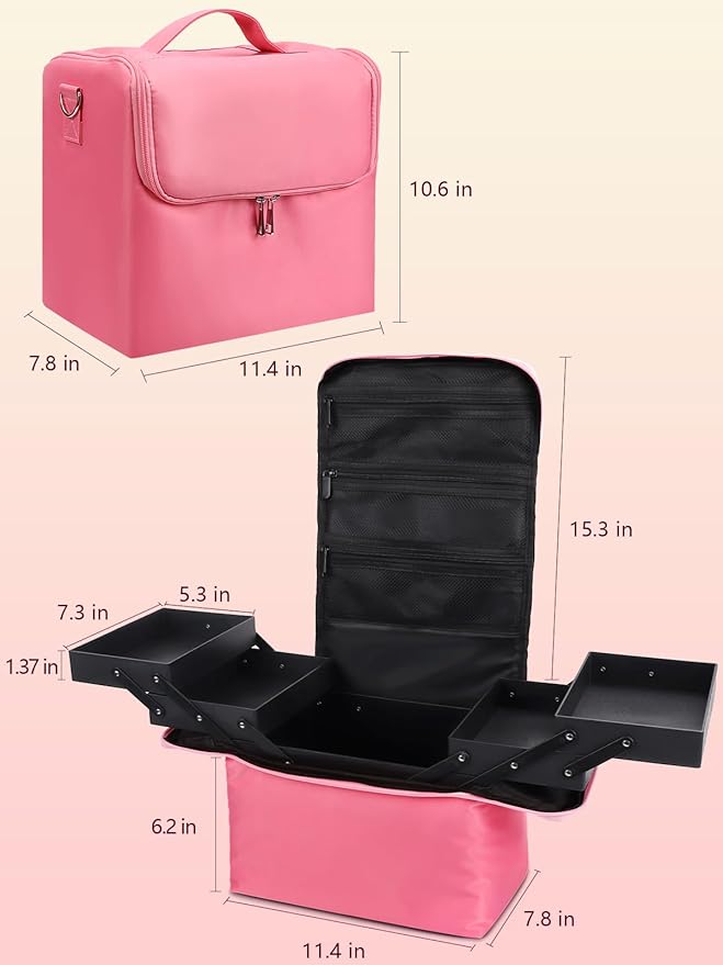 Deciniee Large Pink Makeup Nail Polish Organizer Bag, 4 Tier Professional Makeup Case, Waterproof Nylon, Travel/On-the-go Makeup Storage