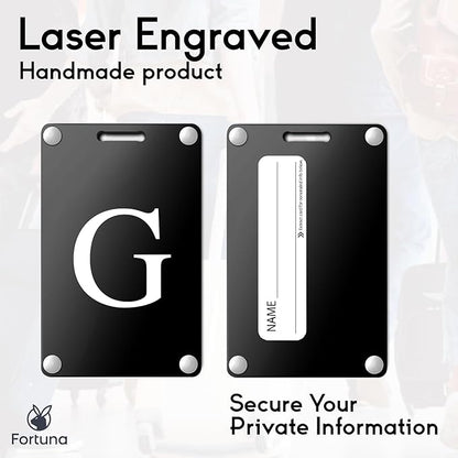 Premium 3-Layer Aluminum Luggage Tags by Fortuna - Easy to Claim, Laser-Engraved, Plastic-Free, and Eco-Friendly Luggage Tag Holders, 2-Pack, Black (G)