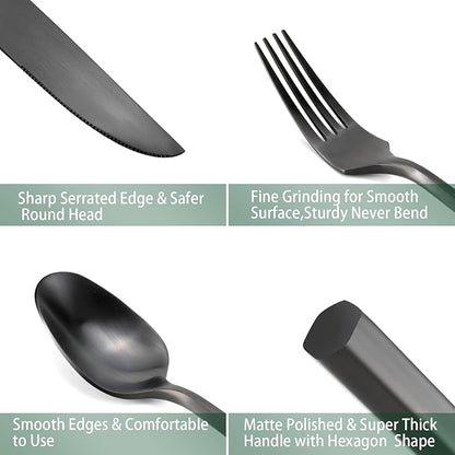 DEACORY Silverware Set Flatware Set Matte Black Cutlery Set Brushed Finished Hexagon Handle Heavy Stainless Steel 60 Pieces Dishwasher Safe Service for 12