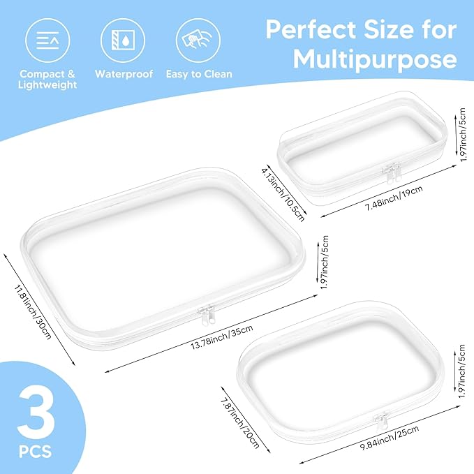BOBOKA 3PCS Clear Hard Shell Zipper Case for Storage, Portable Waterproof Cosmetic Bag with Zipper, Plastic Clear Pencil Case, Toiletry Pouch, Travel Organizer, Toy Storage Bins