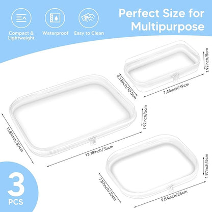 BOBOKA 3PCS Clear Hard Shell Zipper Case for Storage, Portable Waterproof Cosmetic Bag with Zipper, Plastic Clear Pencil Case, Toiletry Pouch, Travel Organizer, Toy Storage Bins