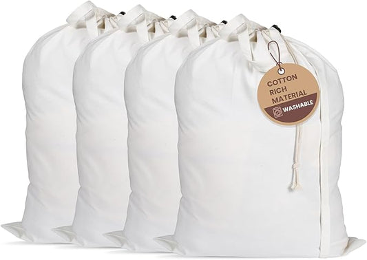LFH Home Cotton Canvas Large Laundry Bag with Handle, Heavy Duty Drawstring Closure Washable Laundry Bags, School Travel, Home, Hotel, College Dorm, Organizer Sack, Toy Clothes 28x36 (Pack of 4)-White