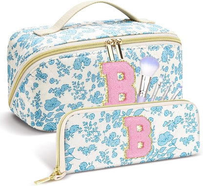 Personalized Travel Makeup Bag Set,Initial Travel Cute Floral Makeup Organizer Bag,Toiletry Skincare Cosmetic Bag,Christmas Gifts for Women/Girls,Open Flat Toiletry Pouch with Brush Pocket-B