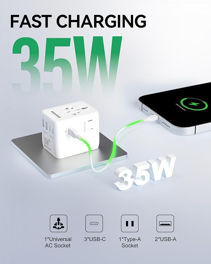 35W Universal Travel Plug Adapter,7-Port PD&QC Fast Charging Power Adapter(2AC&2USB-A&3USB-C),Worldwide Outlet Wall Charger for USA/EU/UK/AUS Over 200 Countries-Type C/A/G/I