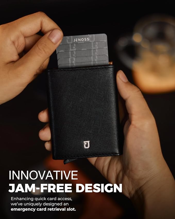 Jenoss Smart Wallet For Men: Full Grain Leather, Handcrafted, Slide Metal Pop Up Case, Slim RFID Blocking Credit Card Holder, Minimalist Compact 12 Cards Slot Organizers ID Money Clip (Black & Brown)