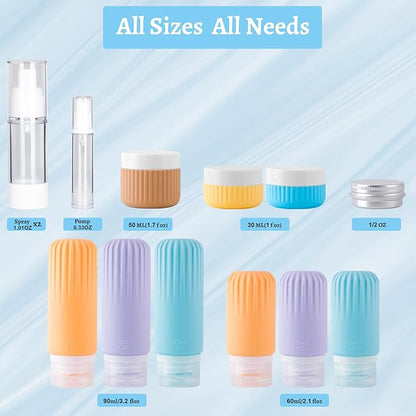 Silicone Travel Bottles, 25 Pack TSA Approved Travel Size Containers for Toiletries, Leak Proof Refillable & Squeezable Toiletry Bottles Kit with Clear Bag for Shampoo Lotion Cream Conditioner