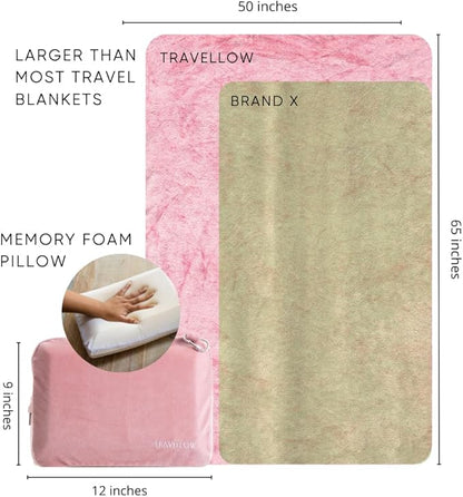 Travel Pillow and Blanket Set - 4-in-1 Ultimate Travel Kit with Memory Foam Pillow, Travel Blanket, Sleep Mask, and Earplugs-Ultimate Comfort and Coziness for Your Journeys - Pink