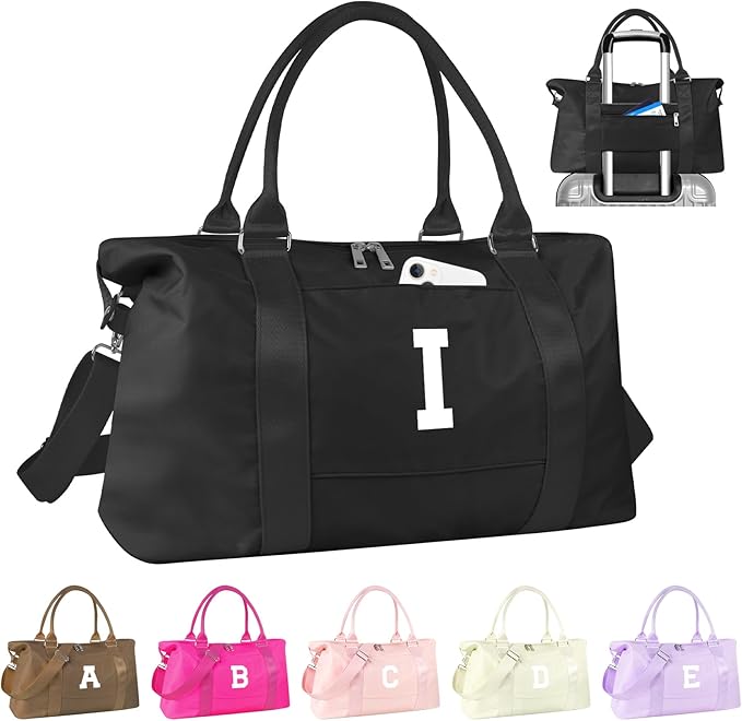 Initial Travel Duffel Bag Sports Gym Bag for Boys Teen Birthday Gifts,Black Personalized Weekender Bag Carry On Tote Bags for Men,Waterproof Overnight Luggage Bag Airplane Travel Essentials(Letter I)