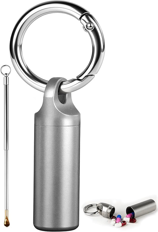 Small Keychain Pill Holder,304 Stainless Steel Portable Pill Case Organizer for Travel,Waterproof Pocket Pill Container Medicine Box for Purse Men (0.61in with Spoon)