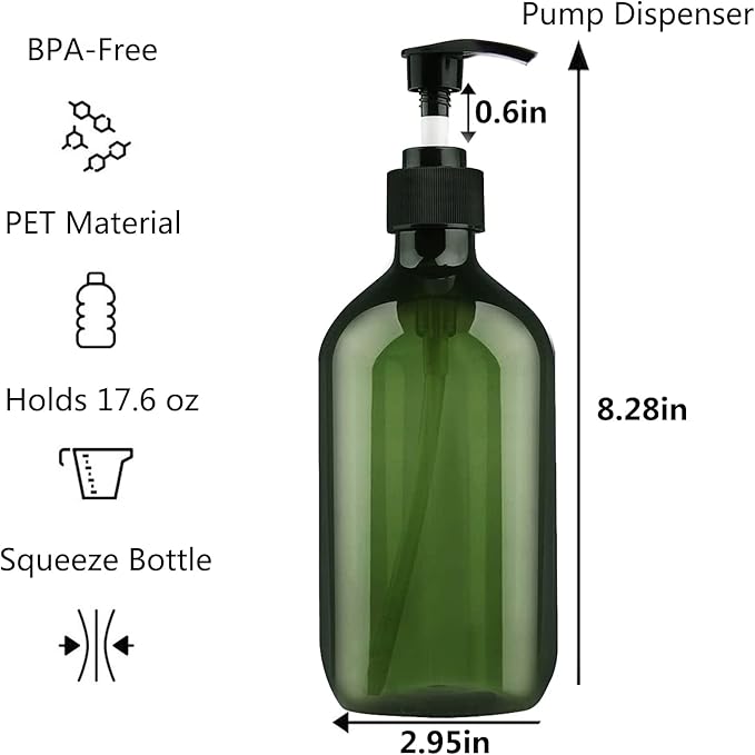 Empty Plastic Bottles with Pump Dispenser and Labels Included, Refillable Travel Containers for Hand sanitizer Shampoo Lotion, etc - No BPA/Parabenf, 500ml/16.9oz (Green, 3 Pack)