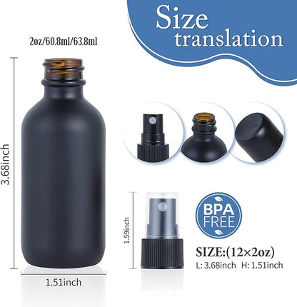 2oz Glass Spray Bottle, Fine Mist Boston Glass Bottles with Black Fine Mist Sprayer Small Clear Bottles for Essential Oils, Bath, Beauty, Hair & Cleaning, Black, Pack of 12