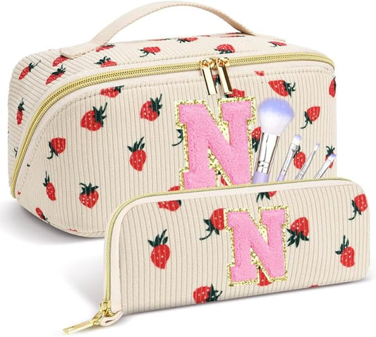Personalized Travel Makeup Bag Set,Initial Travel Strawberry Makeup Organizer Bag,Toiletry Skincare Cosmetic Bag,Christmas Gifts for Women/Girls,Open Flat Toiletry Pouch with Brush Pocket-N