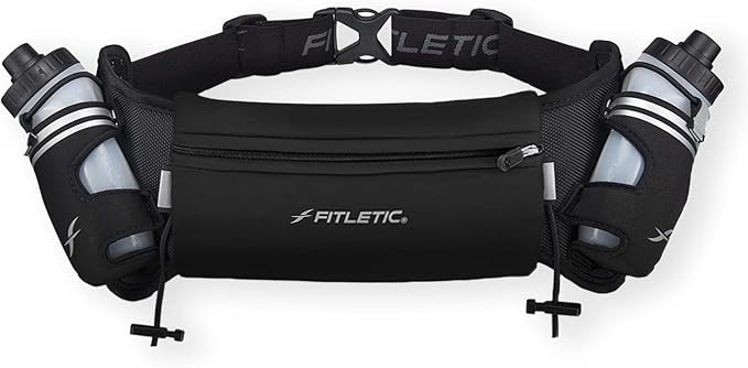 Fitletic Hydration Running Belt with Water Bottles for Men & Women – 2 Quick Flow 8oz Running Water Bottles, Patented Bounce Free Design, Water Resistant Pouch Fits All Phones – Hydra 16