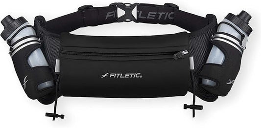 Fitletic Hydration Running Belt with Water Bottles for Men & Women – 2 Quick Flow 8oz Running Water Bottles, Patented Bounce Free Design, Water Resistant Pouch Fits All Phones – Hydra 16
