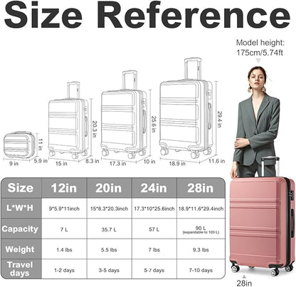 Kono 4 Piece Luggage Sets Expandable(only 28") with Spinner Wheels TSA Lock Lightweight PC+ABS Hardside Travel Rolling Suitcases 20in 24in 28in Carry on and 12in Mini Cosmetic Case Nude/Rose Pink