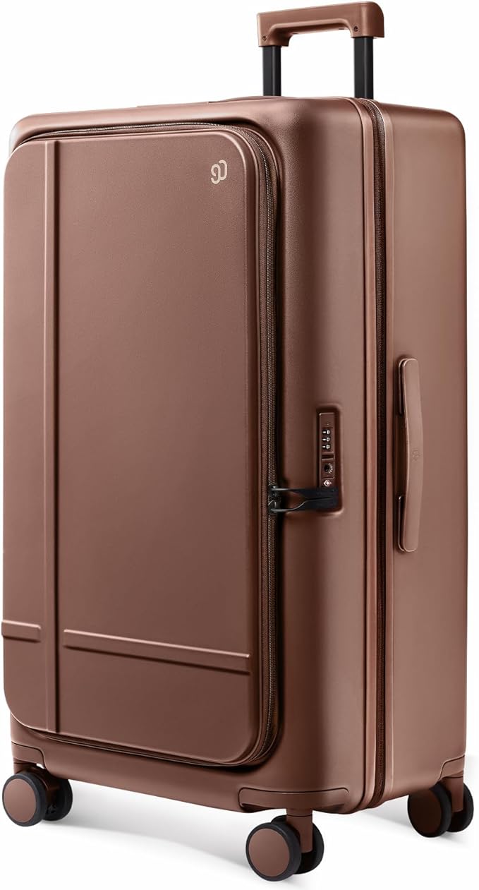 NINETYGO Large Checked Luggage 29 Inch, Flat Top Opening Checking In Luggage with Brake Wheels, Expandable, Coffee-Infused PC Hard Shell, Eco-Friendly, TSA Lock, 360° Spinner Wheels (Latte)