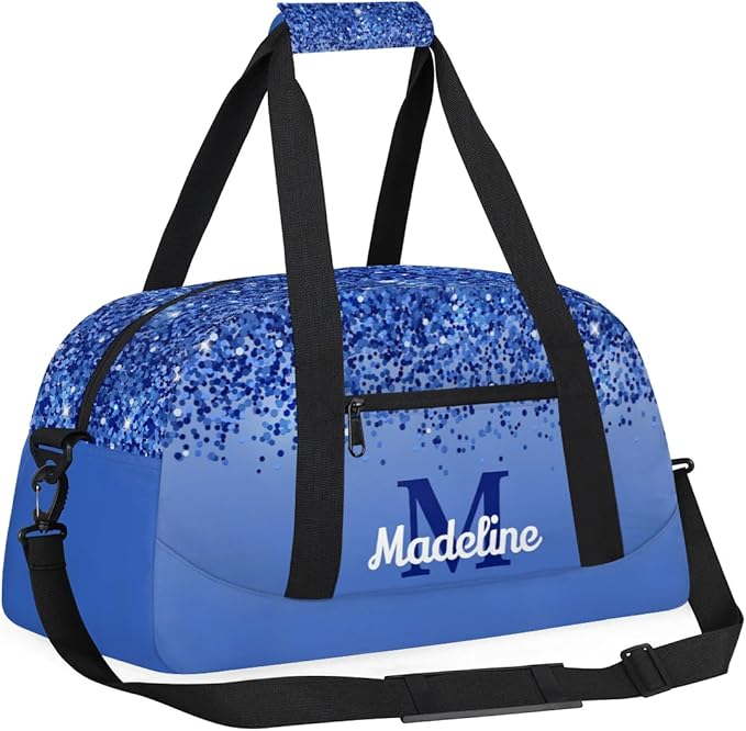 Personalized Kids Sports Duffel Bag with Name Custom Weekender Overnight Bag for Boys Girls Gym Bag Travel Dance Gymnastics Duffel Bag, Blue Glitter