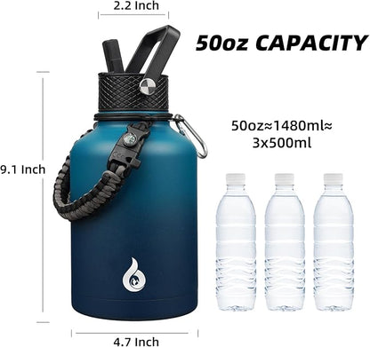 BJPKPK Insulated Water Bottles with Straw Lid, 50oz, 64oz, 87oz, 128oz Large Water Bottle with 3 Lids and Paracord Handle, Stainless Steel Metal Water Bottle, Insulated Water Jug,Vast
