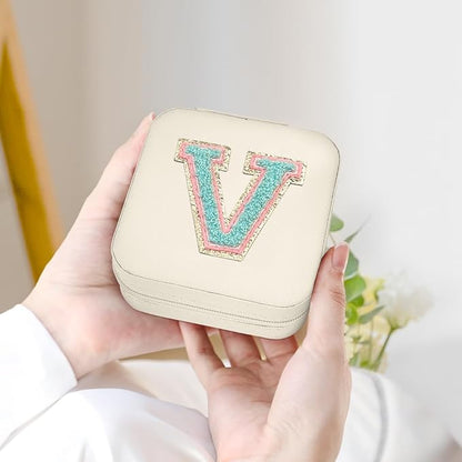 SANDJEST Personalized Jewelry Box, White Travel Jewelry Box with Initial V, Small Monogrammed Jewelry Case Organizer for Girls Women Teen Kids, Mini Travel Essentials Gifts for Birthday Christmas