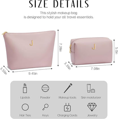 Women Gifts | Initial Makeup Bag Set for Girl Personalized Gifts for Bridesmaid Friend Graduation Teachers PU Leather Cosmetic Travel Toiletry Bag(Pink,J)
