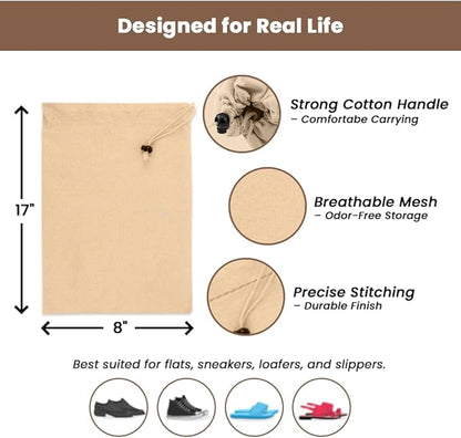 LFH Cotton Shoe Storage Bags with Drawstring, Dustproof Breathable Reusable Organizer, Perfect For Travel, Dorm, Hotel, College, Gym, Easy to Carry, Machine Washable 8"x17" (Pack of 4) - Natural