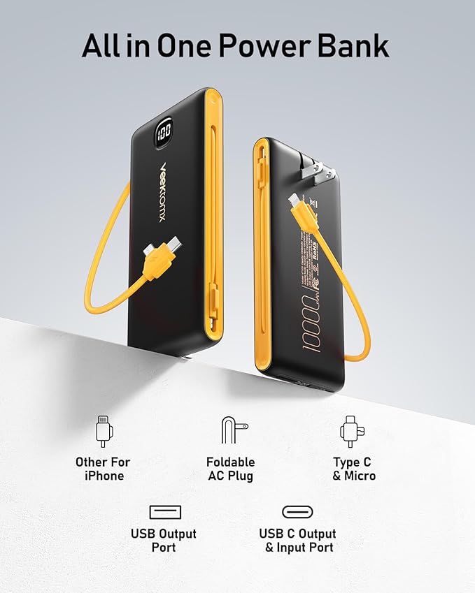 VEEKTOMX Portable Charger with Built in Cables 10000mAh, Power Bank for iPhone with Wall Plug, Travel Essential Fast Charging USB C Slim External Battery Pack for iPhone 17/16/15, Samsung, iPad, etc
