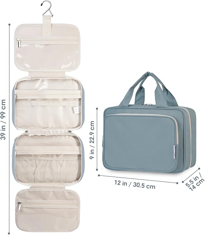 Narwey Travel Toiletry Bag for Women Large Hanging Makeup Bag Organizer Toiletries Bag for Full Size Essentials Accessories Cosmetics (Greyish Blue (Large))