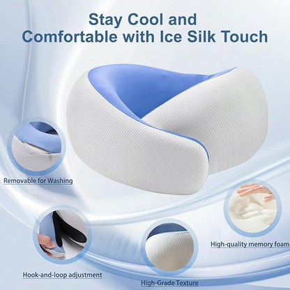 Neck Pillow for Traveling,Travel Neck Pillow for Airplanes,Cooling Fabric,100% Pure Memory Foam,Neck Pain Relief,Ergonomic Support for Long Flight (Small Size)(Blue, Compact Size-(Petite Fit))