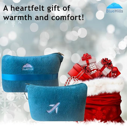 BlueHills Travel Blanket Pillow in Mini Soft Case Premium Plush Airplane Blanket in Soft Bag Compact Pack with Luggage Belt and Backpack Clip Airline Car 2 in 1 Traveler Essentials - Teal Blue M03