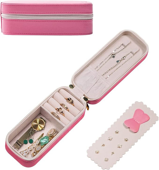 BONNY DODO Small Travel Jewelry Organizers Box for women with PU Leather Portable Mini Jewelry Case with compartments for Necklace Rings Earrings,Luxury Giftable boxes. (Pink, S)