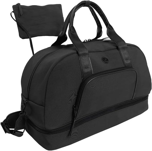 Joan & David 22" Drop Bottom Travel Weekender Overnight Gym Duffel Bag, Includes Front Zip Pocket, Interior Mesh Zip, Detachable Pouch with TSA Approved Bottles (Black)