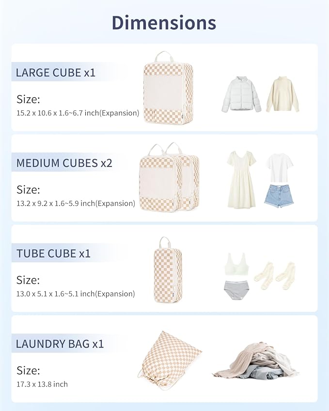 Narwey 5 Set Compression Packing Cubes for Travel, Luggage Packing Organizer Bags for Carry on Suitcase, Expandable Checkered Storage Bags with Laundry & Handle (Light Checkerboard)