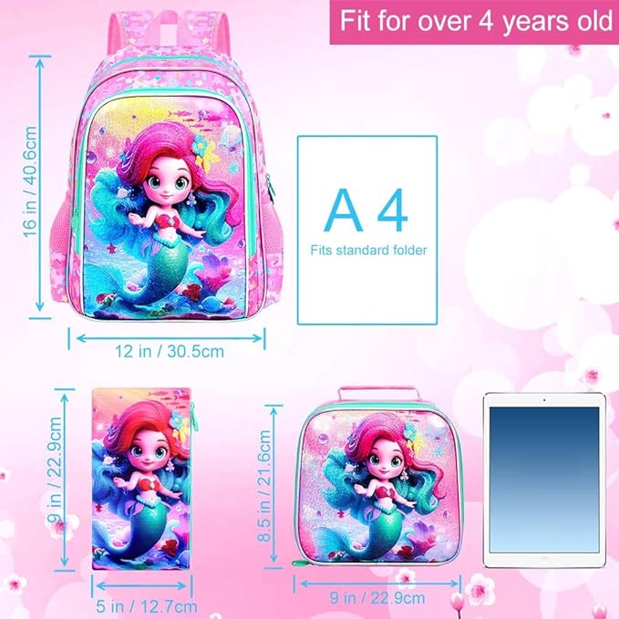 WZLVO 3PCS Mermaid Backpack for Girls, 16'' Kids Preschool Bookbag with Lunch Box, Cute Water Resistant School Bag Set for Elementary Kindergarten Toddler