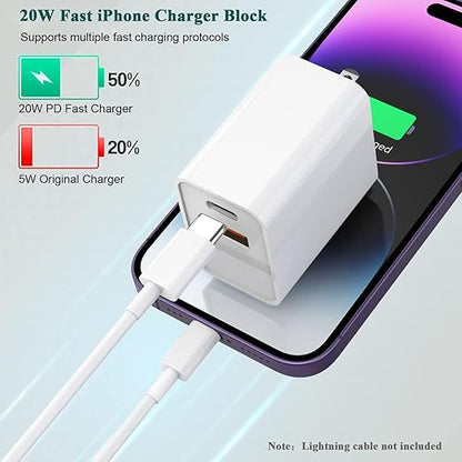 iPhone 15 Fast Charger, 2Pack USB C Charger - 20W Dual Port PD Type C + QC3.0 USB A Fast Charging Brick Plug Adapter for iPhone 15 Pro Max/15 Plus/14/13/12/11/Pro Max/SE/X, iPad Pro (White)