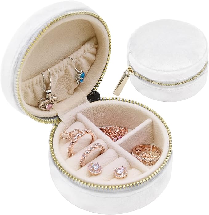 TAIMY Travel Jewelry Organizer, Small Round Velvet Travel Jewelry Case for Women Girls, Portable Mini Jewelry Travel Organizer Boxes for Rings Earrings Necklaces Bracelets(White)