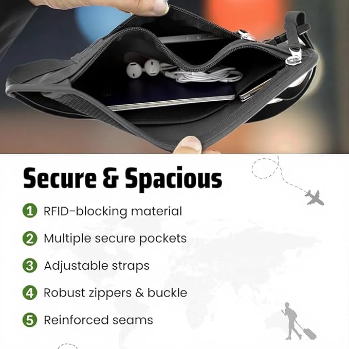 Money Belt for Travel with RFID Blocking Technology - Hidden Travel Money Pouch for Cash, Credit Cards, Passport, and Travel Valuables - Secure Water Resistant Money Belt for Men and Women - Black