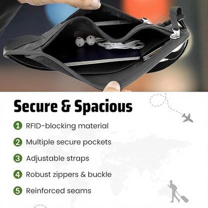 Money Belt for Travel with RFID Blocking Technology - Hidden Travel Money Pouch for Cash, Credit Cards, Passport, and Travel Valuables - Secure Water Resistant Money Belt for Men and Women - Black