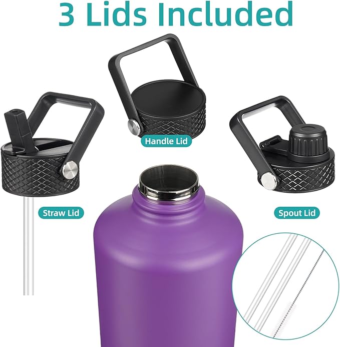 Gallon Insulated Water Bottle with Straw,128 oz 3 Lids Water Jug with Carrying Bag,Paracord Handle, Double Wall Vacuum Stainless Steel Metal Flask,Purple