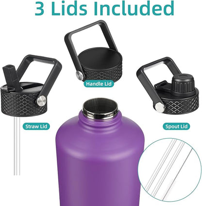 Gallon Insulated Water Bottle with Straw,128 oz 3 Lids Water Jug with Carrying Bag,Paracord Handle, Double Wall Vacuum Stainless Steel Metal Flask,Purple