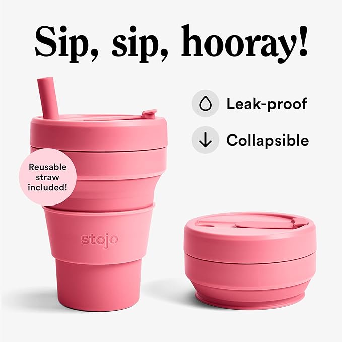 STOJO Collapsible Travel Cup - Reusable To-Go Pocket Size Silicone Bottle for Hot and Cold Drinks - Perfect for Camping - Microwave & Dishwasher Safe (Peony, 8 Ounce (Pack of 1))