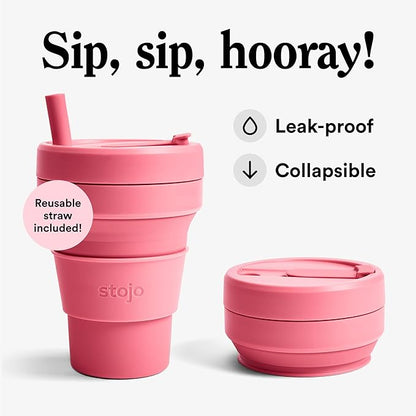 STOJO Collapsible Travel Cup - Reusable To-Go Pocket Size Silicone Bottle for Hot and Cold Drinks - Perfect for Camping - Microwave & Dishwasher Safe (Peony, 8 Ounce (Pack of 1))
