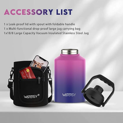 WATERSY 1 Gallon Water Bottle Insulated(Cold for 48 Hrs),BPA Free&Leak Proof,128oz Stainless Steel Water Jug,Big thermo,Large Water Bottle with Handle for Gym,Hiking,Camping&Travel,Gradient Purple